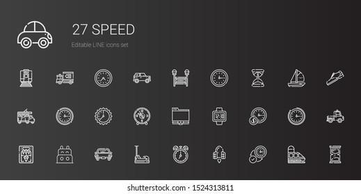 speed icons set. Collection of speed with wall clock, spaceship, clock, bumper, car, boat, ice cream machine, watch, ftp, trailer, hourglass. Editable and scalable speed icons.