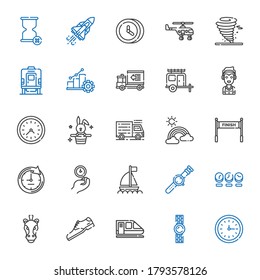 speed icons set. Collection of speed with wall clock, watch, train, shoe, horse, clock, boat, finish, rainbow, truck, rabbit, marshall, van. Editable and scalable speed icons.