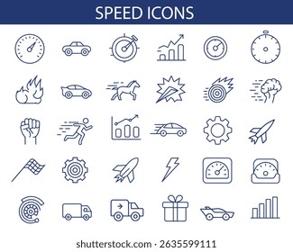 Speed Icons Set – Fast Motion, Acceleration, Racing, Stopwatch, Performance Vector Symbols.