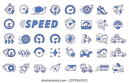 Speed icons set in line design blue. Fast, Speedometer, Rapid, Quick, Slow, Low speed, Run, Velocity, Turbo, Arrows, Quickness, High speed vector illustrations. Editable stroke icons.