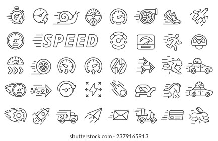 Speed icons set in line design. Fast, Speedometer, Rapid, Quick, Slow, Low speed, Run, Velocity, Turbo, Arrows, Quickness, High speed vector illustrations. Editable stroke icons. svg