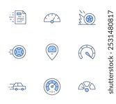 Speed icons set. Line Duotone style, editable stroke. slow, speed, speedometer, car, file, tyre.