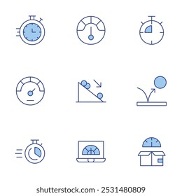 Speed icons set. Line Duotone style, editable stroke. speedometer, stopwatch, time, performance, slope, speed, bounce, limit.