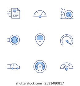 Ícones de velocidade definidos. Linha Duotone estilo, curso editável. lento, velocidade, velocímetro, carro, arquivo, pneu.