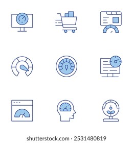 Speed icons set. Line Duotone style, editable stroke. performance, shopping cart, speed, speed test, gauge, speedometer.