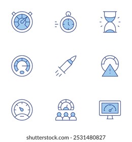 Speed icons set. Line Duotone style, editable stroke. performance, sand clock, speed limit, speed, productivity, speedometer, bullet, fast time, meter.