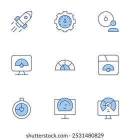 Ícones de velocidade definidos. Linha Duotone estilo, curso editável. eficiência, otimização, foguete, velocidade de datação, velocidade lenta, velocidade, velocímetro.