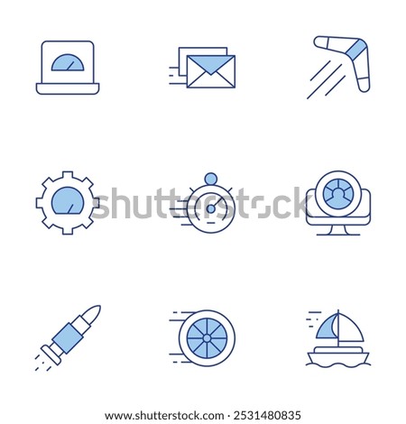 Speed icons set. Line Duotone style, editable stroke. bullet, high speed, performance, boomerang, speedometer, tyre, sail boat, process, mail.