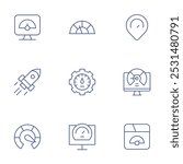 Speed icons set. Thin Line style, editable stroke. optimization, rocket, speed, placeholder, slow speed, speedometer.