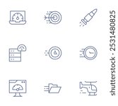 Speed icons set. Thin Line style, editable stroke. bullet, fast, helicopter, performance, server, speed, arrow, clock, folder.