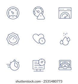 Conjunto de iconos de velocidad. Estilo de línea delgada, carrera editable. límite de velocidad, prueba, alta, computadora portátil, citas, velocímetro, tiempo, caída de agua.