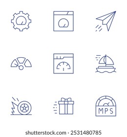 Speed icons set. Thin Line style, editable stroke. paper plane, sail boat, speed, process, slow, browser, fast, gift box.