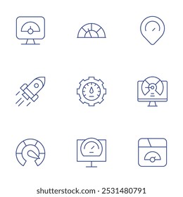 Conjunto de iconos de velocidad. Estilo de línea delgada, carrera editable. optimización, cohete, velocidad, marcador de posición, velocidad lenta, velocímetro.
