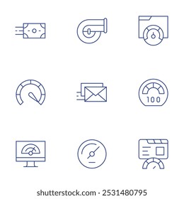Ícones de velocidade definidos. Estilo de linha fina, curso editável. transferência de dinheiro, otimização, teste de velocidade, velocidade, turbo, velocidade, limite de velocidade, velocímetro, correio.