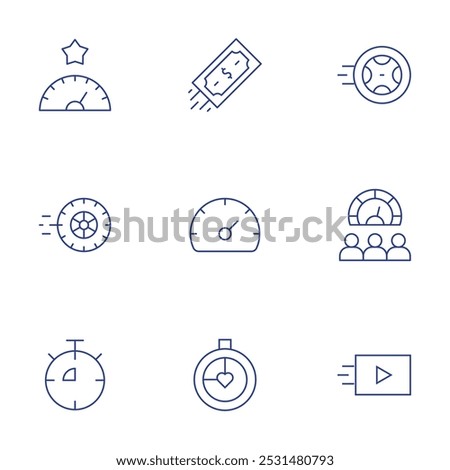 Speed icons set. Thin Line style, editable stroke. money, high speed, tyre, speed dating, speedometer, limit, meter, video, wheel.