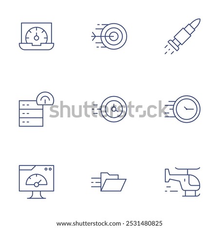 Speed icons set. Thin Line style, editable stroke. bullet, fast, helicopter, performance, server, speed, arrow, clock, folder.
