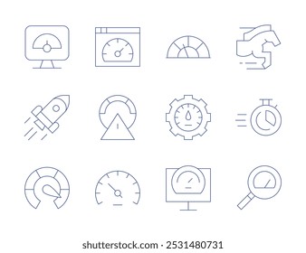 Iconos de velocidad. Estilo de línea delgada, carrera editable. prueba de velocidad, caballo, optimización, cohete, velocidad, límite de velocidad, velocímetro, lupa, tiempo.