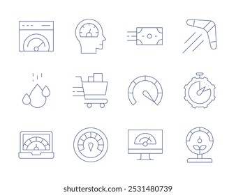 Iconos de velocidad. Estilo de línea delgada, carrera editable. transferencia de dinero, optimización, rendimiento, Carrito de compras, velocidad, alta velocidad, computadora portátil, velocímetro, caída de agua.