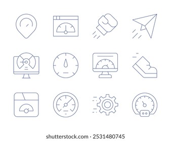 Speed icons. Thin Line style, editable stroke. optimization, paper plane, running, speed, placeholder, slow speed, speedometer, boxing, estimate, gear.