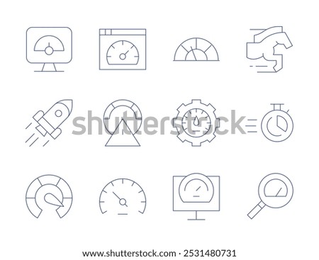 Speed icons. Thin Line style, editable stroke. speed test, horse, optimization, rocket, speed, speed limit, speedometer, magnifying glass, time.