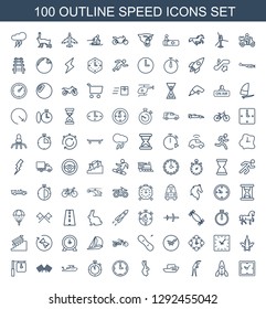 speed icons. Trendy 100 speed icons. Contain icons such as clock, rocket, exercising, boat, rabbit, wall clock, stopwatch, finish flag, plane, snow board. speed icon for web and mobile.