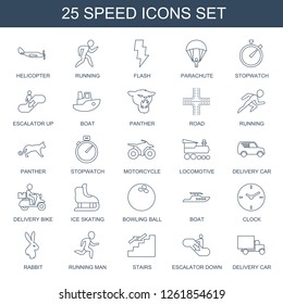 speed icons. Trendy 25 speed icons. Contain icons such as helicopter, running, flash, parachute, stopwatch, escalator up, boat, panther, road, motorcycle. speed icon for web and mobile.