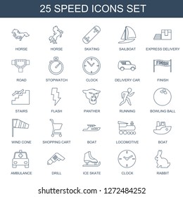 Speed Icons. Trendy 25 Speed Icons. Contain Icons Such As Horse, Skating, Sailboat, Express Delivery, Road, Stopwatch, Clock, Delivery Car, Finish. Speed Icon For Web And Mobile.