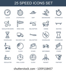 speed icons. Trendy 25 speed icons. Contain icons such as clock, stopwatch, ship, snowboard, escalator down, wind cone, helicopter, horse, skating. speed icon for web and mobile.