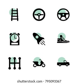 Speed icons. vector collection filled speed icons set.. includes symbols such as pickup, rocket, steering wheel, mechanical transmission. use for web, mobile and ui design.