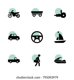 Speed icons. vector collection filled speed icons set.. includes symbols such as trailer, pickup, car, steering wheel, grinder. use for web, mobile and ui design.