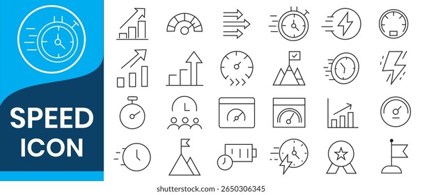 Speed icons vector illustration with thin line icon contains fast, slow, movement, speeding, gauge, speedometer, measure, rapid, accelerate, flash, quick, express, run, velocity, indicator 
