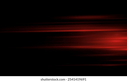 Speed ​​vector illustration, road. Red laser beams isolated on black background. Abstract light effect. Red lens flash. Horizontal rays glowing in the dark.