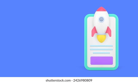 Speed internet connection smartphone application banner with copy space 3d icon realistic vector illustration. Fast online communication digital network test service web site mobile phone with rocket