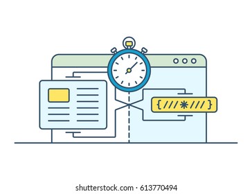 Speed of internet connection. Technology of data processing acceleration. Data compression during transmission over global communication networks. Vector illustration.