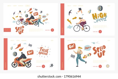Speed Landing Page Template Set. Characters Riding Bicycle or Motorbike, Running Fast. Motocross, Rally and Race Competition, Sports Activity, People Moving with High Speed. Linear Vector Illustration