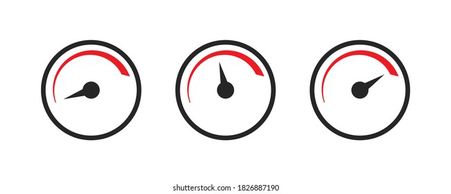 Speed level indicator. Low and high scale. Barometer level in black and red. Minimum and maximum level. Rating diagram in circle.  Download and upload speed. Vector EPS 10