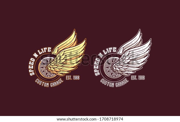 speed and life custom motorcycle logo\
vintage modern wheel wings\
illustration
