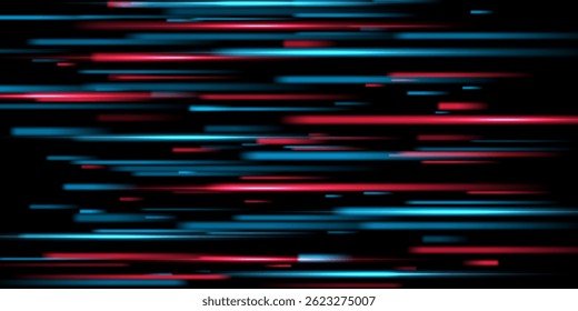 Plano de fundo da luz de velocidade. Raios de faísca neon coloridos em preto. Padrão brilhante futurista com clarões vermelhos e azuis brilhantes no escuro. Ilustração vetorial de tecnologia moderna.