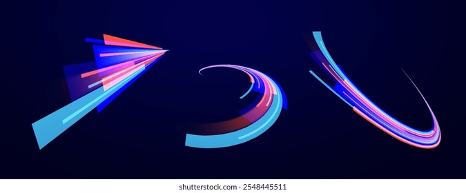 Speed of light concept background. Abstract background rotational border lines. Neon stripes in the form of drill, turns and swirl. 