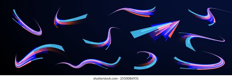 Speed of light concept background. Abstract background rotational border lines. Neon stripes in the form of drill, turns and swirl. 