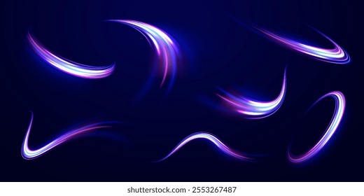 Velocidad de fondo de concepto de luz. Líneas de borde rotacionales de fondo Abstractas, png, efecto, onda, neón, línea. Rayas de neón en forma de taladro, giros y remolinos. 