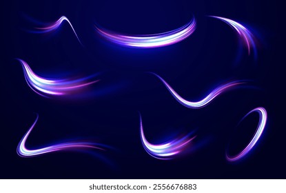 Speed of light concept background. Abstract background rotational border lines, png, effect, wave,neon,line. Neon stripes in the form of drill, turns and swirl. 