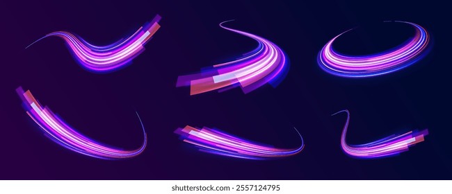 Speed of light concept background. Abstract background rotational border lines, png, effect, wave,neon,line. Neon stripes in the form of drill, turns and swirl.