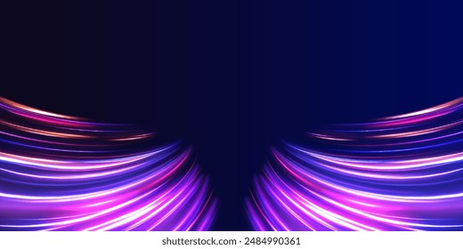 Speed of light concept background. Cyberpunk light trails in motion or light slow shutter effect. Acceleration speed motion on night road.	