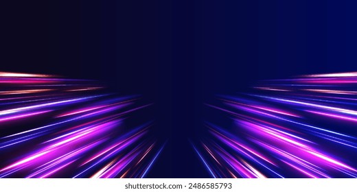 Speed of light concept background. Cyberpunk light trails in motion or light slow shutter effect. Acceleration speed motion on night road.	