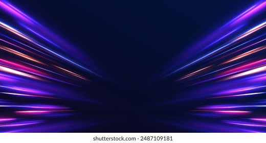 Speed of light concept background. Cyberpunk light trails in motion or light slow shutter effect. Acceleration speed motion on night road.	