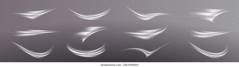 Speed ​​line light effect.
Abstract fast moving lines png of light.
Line with the effect of the movement of a cold wind, a storm, a threat.
Vector set of breezes for design with air conditioners.