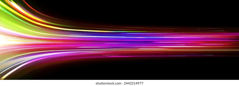 Geschwindigkeit Lichteffekt, schneller dynamischer Linienhintergrund. In: Night Car Race Trail Grafik. Streak-Flare-Wirkung helle lange Belichtung. Gelbe und rote Daten und Netzwerkdesign. Modernes Neon-Gradientenschwanzkonzept