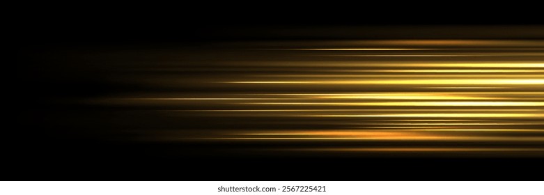 Speed light effect with golden rays stretching horizontally - bright luminous streaks creating motion blur on dark background. Dynamic glowing lines for high velocity movement futuristic design.