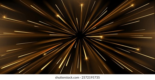 Speed light effect with radial golden glowing lines and bright sparkling particles bursting from center on dark background for sci-fi tunnel, hyperspace jump or festive firework design element.